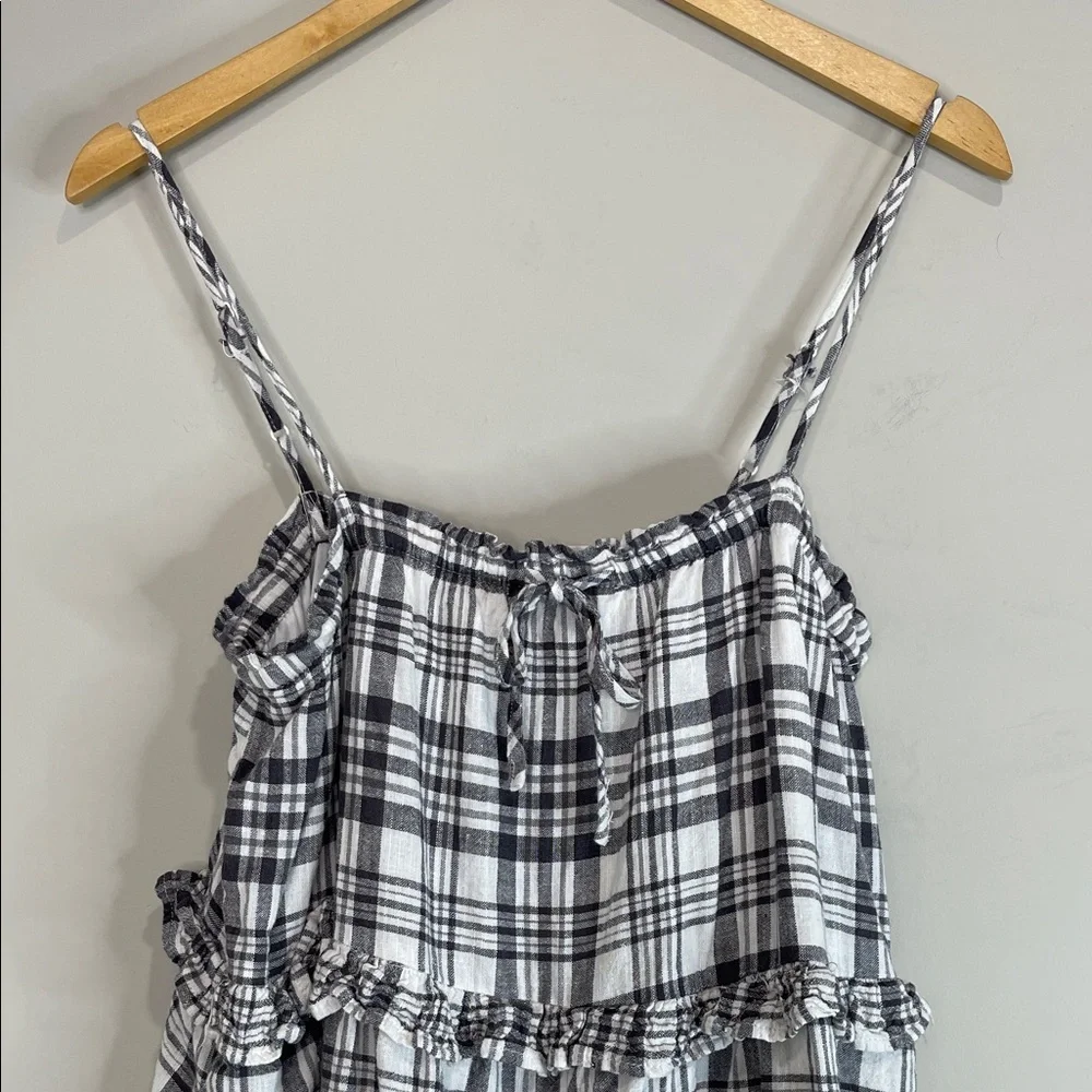 American Eagle Plaid Babydoll Shorts Romper Black White Linen Blend Pockets M - Picture 3 of 13